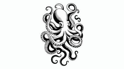 A detailed black and white illustration of an octopus with swirling tentacles © MdSafi