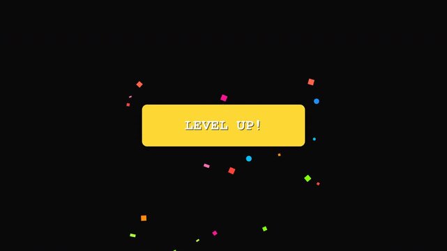 Level Up Celebration Banner with Confetti Colorful Elements on Dark Background Achievement and Success Concept