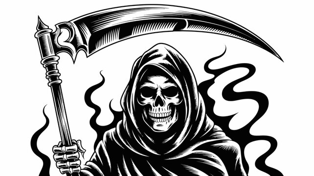 Grim reaper illustration with scythe and hooded figure dark and ominous imagery