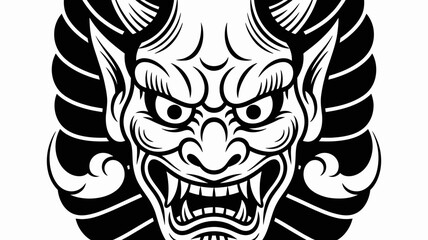 A striking black and white illustration of a fierce demon mask with sharp teeth © MdSafi