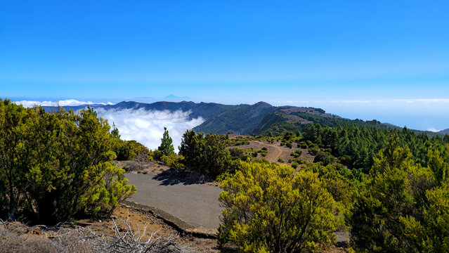 Sea of clouds over Valley El Golfo seen from Mount Pico Malpaso, Island El Hierro, Canary Islands, Spain, Europe. 