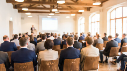 Fototapeta premium Business conference or seminar with a speaker presenting to an audience in a bright, modern hall
