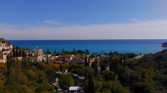 Aerial Drone View Over Pissouri Beach Towards Mediterranean Sea Coastline Cyprus