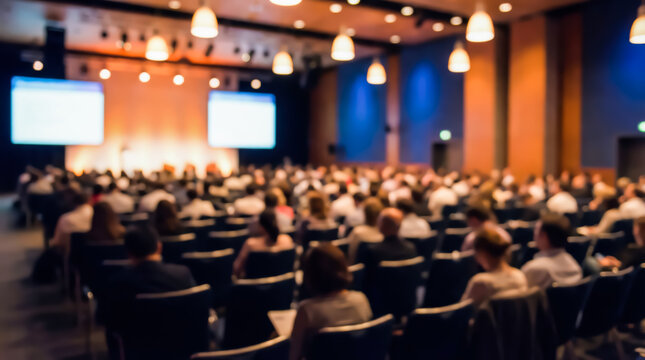 Blurred audience in a large conference hall with projection screens