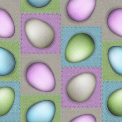 Fototapeta premium Seamless patchwork pattern of 3D Easter eggs on linen fabric background. Textile repeatable background with burlap and cotton textures.