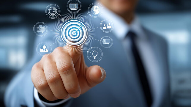Businessman's hand pointing to a central target icon surrounded by digital marketing and customer engagement icons, business strategy concept, defocused background, with copy space