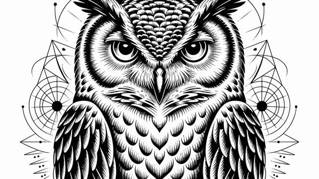 Detailed illustration of an owl s face with geometric and mystical elements