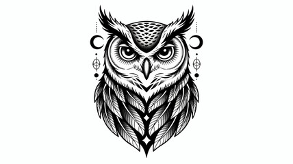 Fototapeta premium Intricate black and white illustration of an owl s face with geometric designs