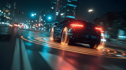 Fototapeta premium A sleek black car speeds through a vibrant city at night with glowing lights