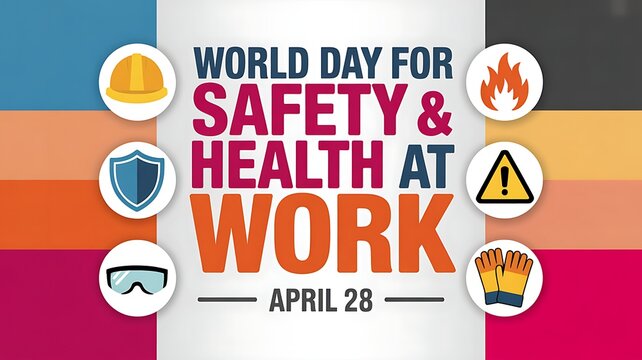 World day for safety and health at work banner with icons and colorful background with hard hat with safety goggles