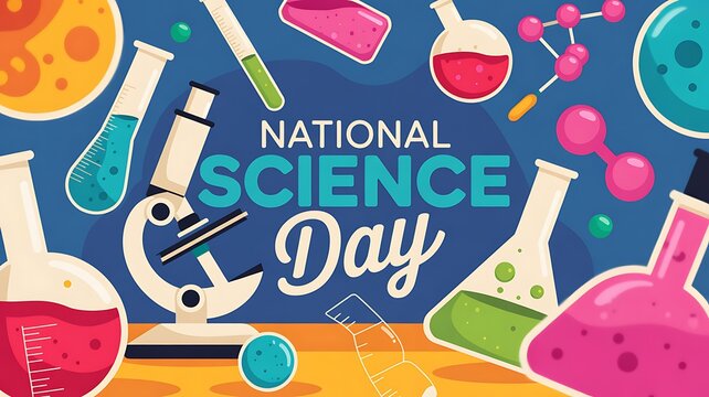 National science day laboratory equipment illustration with microscope and test tubes with test tube with lab equipmen