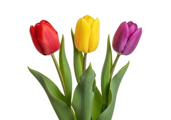Obraz premium A vibrant bouquet of tulips showcasing red, yellow, and purple blossoms