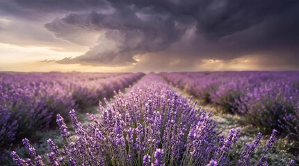Fototapeta premium Purple Lavender Field with Dramatic Storm Clouds at Dusk