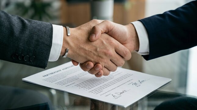Professional individuals solidify a significant business agreement with a firm handshake over signed contract papers, symbolizing trust and a new collaborative venture
