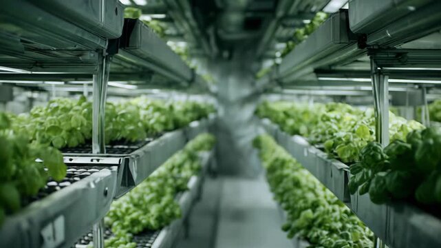 Green basil plants thriving in a climate controlled indoor vertical farm, part of a sustainable hydroponic urban agriculture system for efficient food production