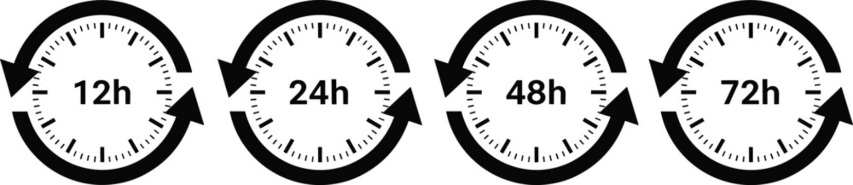 Time cycle icons with 12h, 24h, 48h and 72h clocks, circular arrow symbols for delivery, scheduling, countdown, workflow and process timing illustrationTime cycle icons with 12h, 24h, 48h 