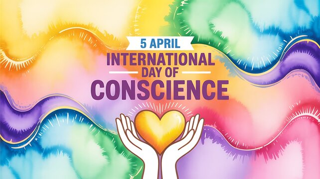 International day of conscience with hands holding heart and colorful background