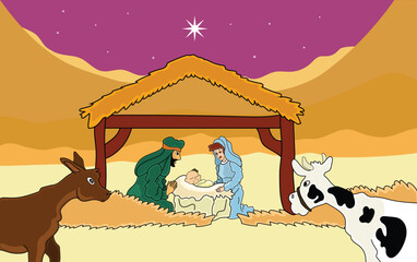 Flat vector illustration of the nativity scene with baby Jesus in the manger, Mary and Joseph with animals. Ideal for Christmas, religious education, greeting cards and holiday content.