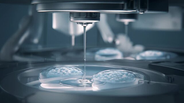 Embryo growing in a specialized petri dish under automated scientific equipment during a complex laboratory experiment focusing on biotechnology, fertility, and scientific development