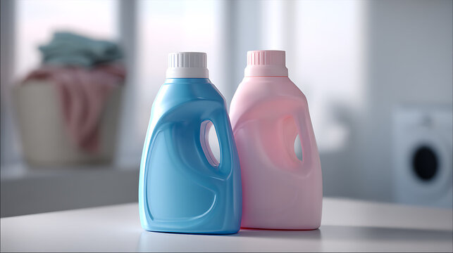 Two colorful detergent bottles on a clean surface in a bright laundry room, with a blurred basket of clothes and washing machine background