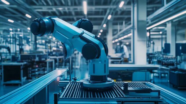 Robotic arm performing precise assembly tasks on an automated production line, symbolizing industry 4.0, smart manufacturing, and advanced technological innovation in modern industrial settings