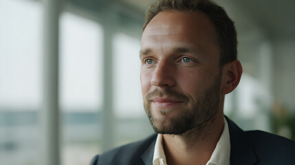 Fototapeta premium Confident Professional Man with Beard and Blue Eyes Smiling, Look Ahead in Modern Office Setting, Optimistic Business Leader Visionary