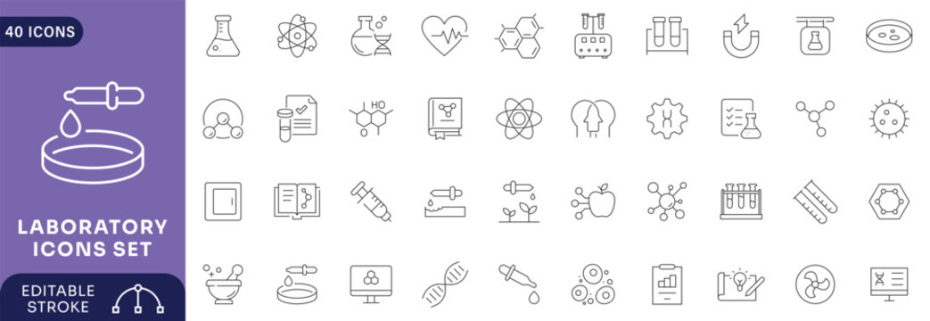 Laboratory icon set. Containing experiment, test tube, microscope, flask, chemical, biology, research, lab Etc . Editable Strock.