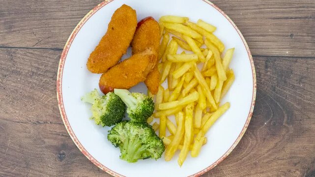 Rotating Plate of Chicken Nuggets, Broccoli and French Fries