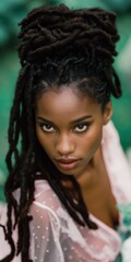 Obraz premium Portrait female african adult dreadlocks intense gaze closeup beauty fashion model expression