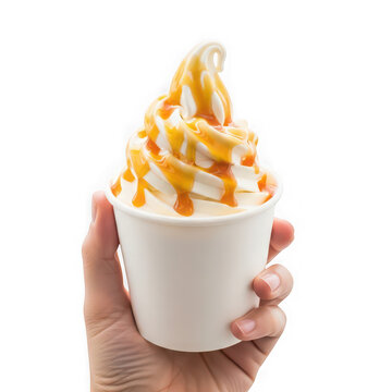 Person holding a cup filled with creamy and delicious looking macaroni and cheese. isolated on transparent background