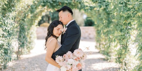 Fototapeta premium Young caucasian female asian male couple embracing in leafy tunnel wedding portrait holding pastel bouquet romantic intimate outdoor ceremony