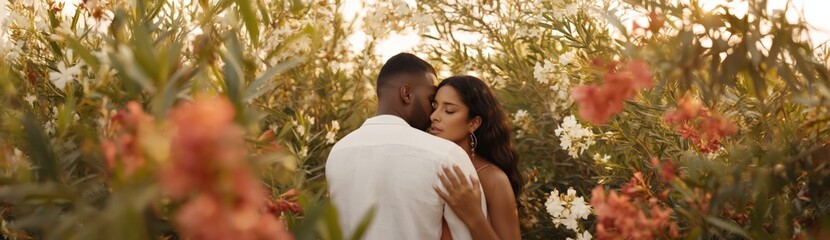Fototapeta premium Romantic embrace male african adult female hispanic adult in blooming garden at sunset with warm golden light and floral intimacy