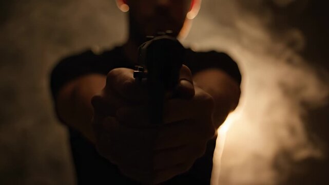 This captures a tense moment of a man holding a gun in a dark and smoky setting with a light shining behind him, evoking feelings of fear, anxiety, and tension.