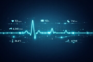 Naklejka premium Futuristic Health Monitoring Dashboard Heartbeat Waveform Fitness Tracker Data UI Interface Blue Technology Background