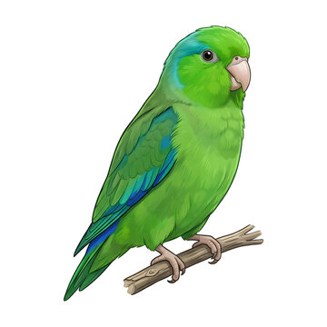 Pacific parrotlet with green and blue plumage perched on a wooden branch isolated on a white background