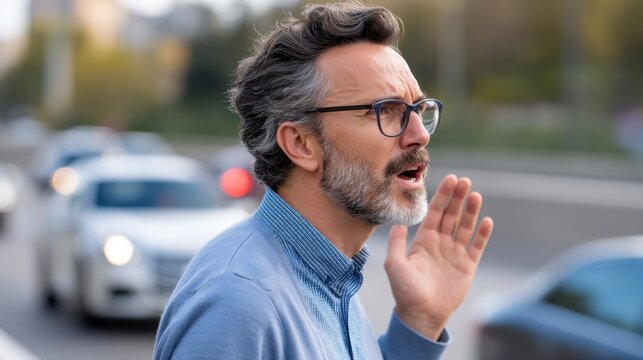 Frustrated middle-aged professional shouting in traffic, side view, late for an important meeting. 