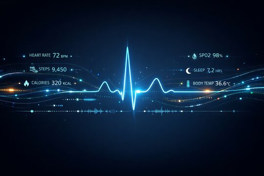Futuristic Health Monitoring Dashboard with ECG Waveform, Heart Rate, SpO2, Sleep and Fitness Data Visualization