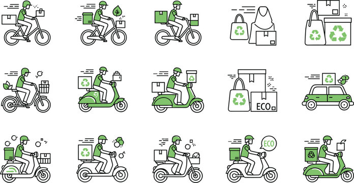 Eco-Friendly Delivery and Transportation Line Icon Set Featuring Electric Vehicles, Green Packaging, Scooters, and Sustainable Delivery Symbols Collection