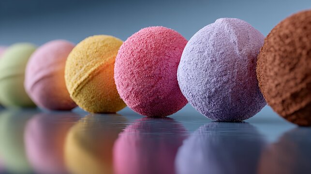 Colorful bath bombs arranged in a row vibrant and therapeutic