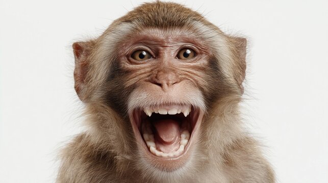 Portrait of a monkey laughing with wide open mouth revealing teeth on plain white background for viral funny meme