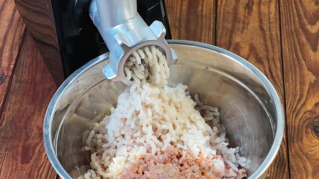 Grinding cod meat into ground fish with electric meat grinder