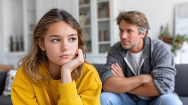 Sad teenager ignoring concerned parent during conversation at home, family conflict and emotional distance concept 