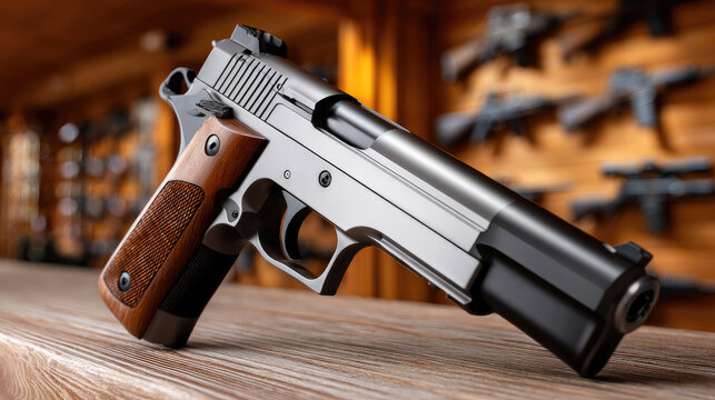 Pistols with wooden grips resting on a display counter in a firearms shop, offering personal protection, shooting recreation, security, and responsible ownership options to clients