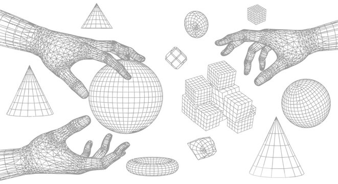 Hands interacting with 3D wireframe objects.