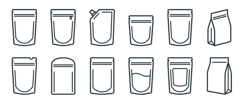 Collection of stand-up pouches and flexible packaging bags in various shapes and sizes, presented as line art icons.