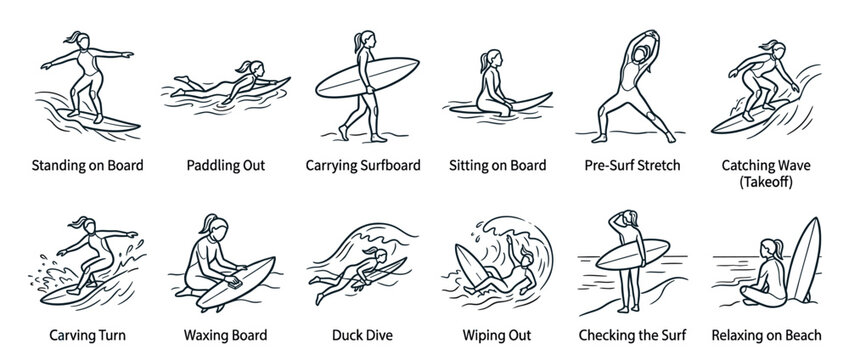 Surfing actions collection featuring a female surfer performing various maneuvers and preparations in the ocean, illustrating the sport's different stages.