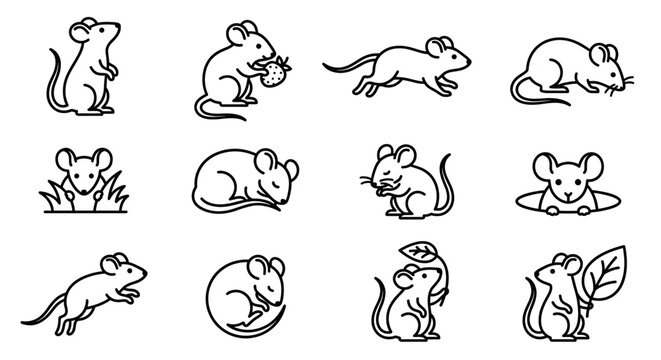 Cute mice line art icons set depicting various poses and activities of small rodents, perfect for animal-themed designs and illustrations.