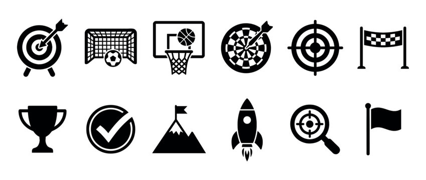 Goal achievement success icons set representing targets, sports, and aspirations for business and personal development.