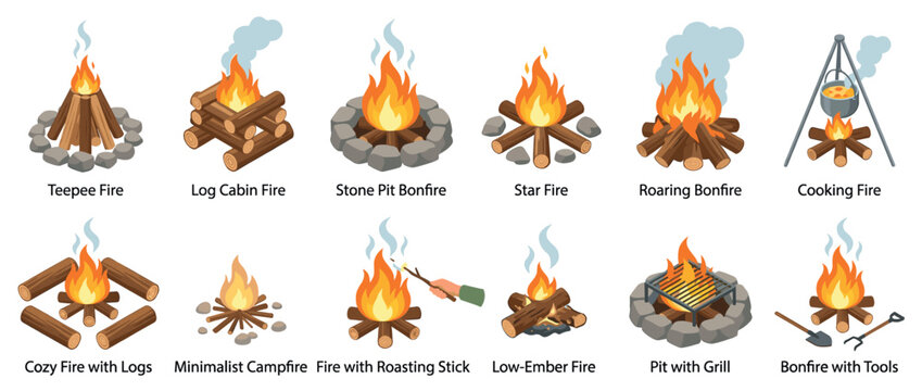 Collection of isometric campfire illustrations depicting various outdoor fire types, from teepee to cooking fires with tools.