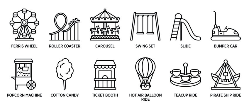 Amusement park rides and carnival attractions line art icons collection featuring various fun fairground elements for entertainment and recreation.